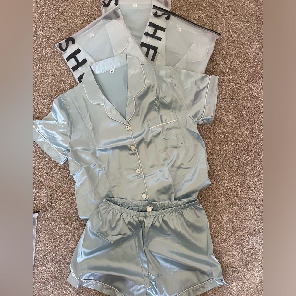 Set 3 of 4 - SHEIN Light Blue Satin PJs